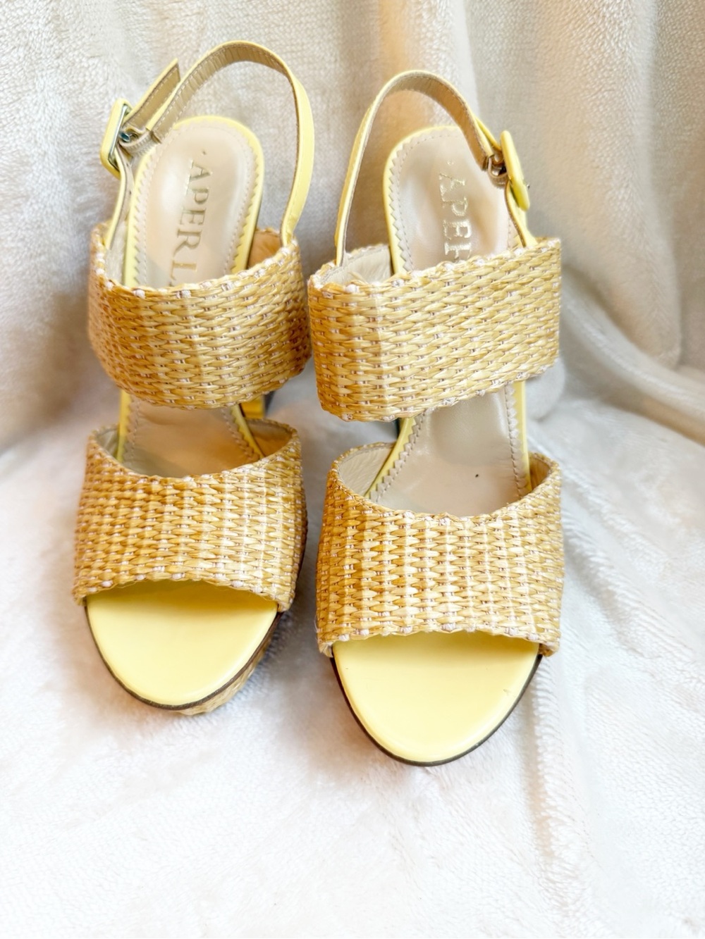 NWOT Aperlai Wicker and Yellow Leather Platform Sandal - Picture 2 of 6